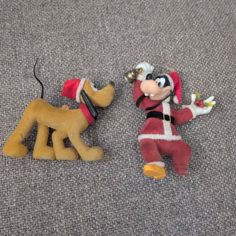 Vintage Disney Flocked Christmas Ornaments Goofy and Pluto
